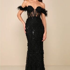 Midnight Sparkle Black Embroidered Feather Bustier Maxi Dress